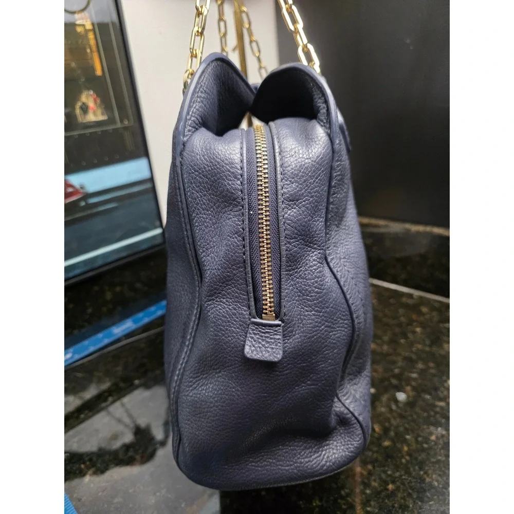 Tory Burch Link-Chain Shoulder Tote Bag Navy Blue Pebbled Leather Gold Large